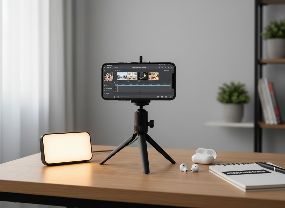 A sleek, modern home workspace centered around a large smartphone mounted on a minimalist matte-black tripod, its screen showing a clean video-editing interface for short clips. Surrounding the phone are simple accessories: a compact LED panel light with soft diffuser, wireless earbuds in an open case, and a neat notebook with a pen labeled in Portuguese. The desk is a light oak surface against a pale gray wall, bathed in soft window light that creates gentle reflections on the phone’s glass. Photographic realism, eye-level composition, shallow depth of field with the screen in sharp focus and the background subtly blurred, conveying immediate, practical learning in a sophisticated, clutter-free environment.