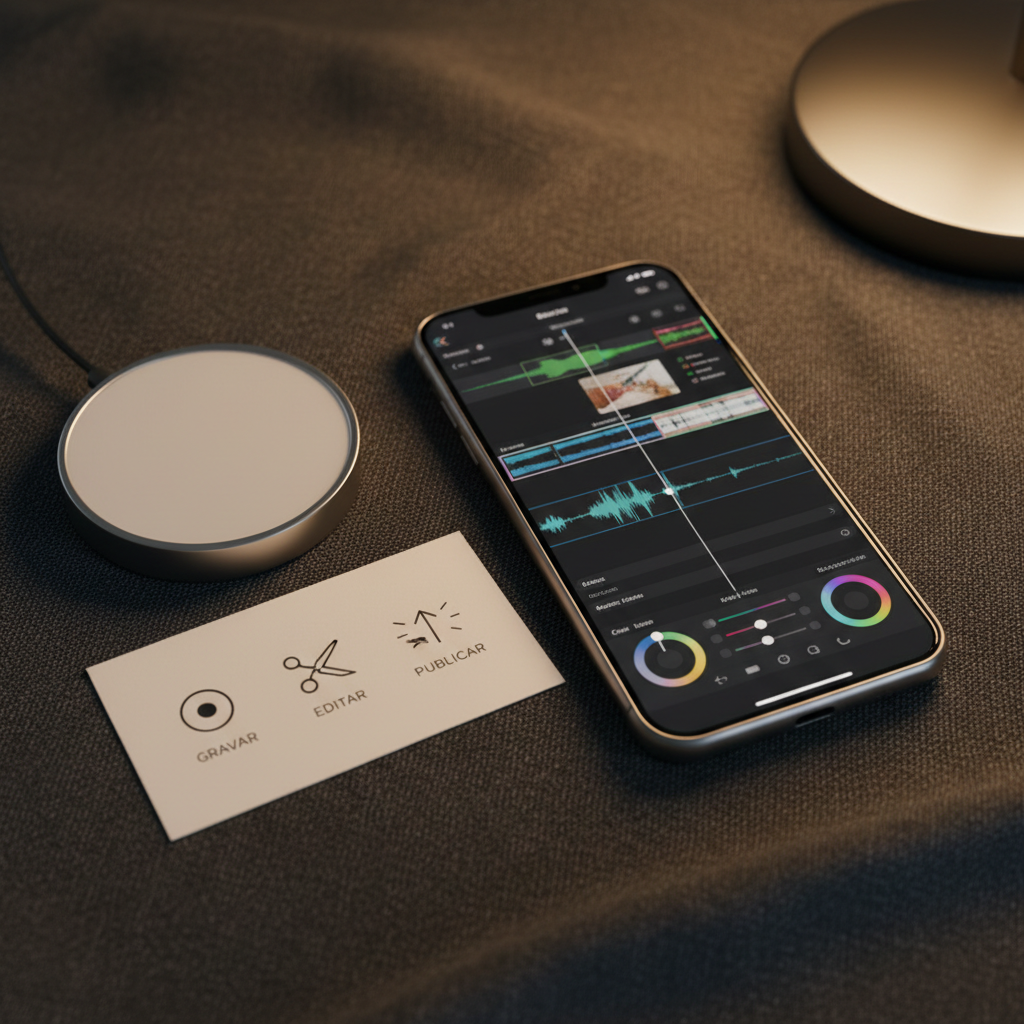 A close-up, slightly elevated shot of a high-quality smartphone resting on a textured dark linen surface, its screen filled with a vertical video editing timeline for short clips, including color correction tools and audio waveforms. Next to it sits a compact ring light lying flat and a small, elegant card printed in Portuguese with simple icons representing recording, editing, and publishing. The light source is a warm desk lamp from the right, creating soft highlights along the metal ring light and subtle shadows in the fabric folds. Photographic realism with shallow depth of field emphasizes precision, sophistication, and hands-on practice for novice creators.