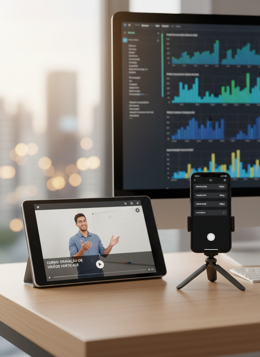 A sophisticated dual-device setup on a clean desk: a tablet in landscape orientation playing a paused Portuguese video class about filming vertical shorts, alongside a vertical smartphone on a small tripod showing camera settings for resolution and frame rate. Behind them, a blurred monitor displays a grid of short video analytics without numbers, avoiding any revenue implication. Soft natural daylight from a large unseen window gently washes over the matte surfaces, while a subtle bokeh of city lights glows in the distant background. Shot at eye level with photographic realism and balanced composition, the scene feels urban, focused, and geared toward ambitious beginners exploring short-form content.