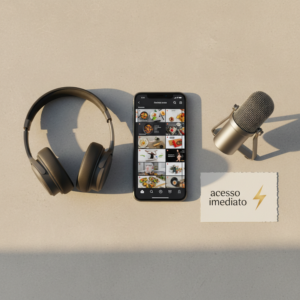 A stylish flat lay composition on a smooth, light concrete surface: a smartphone arranged vertically, showing a feed of short video thumbnails; a pair of over-ear headphones; a simple USB microphone; and a refined card in Portuguese indicating ‘acesso imediato’ with an abstract lightning icon instead of text. Subtle golden-hour light from above-left creates long, elegant shadows and a warm, inviting tone. The photographic realism emphasizes textures: brushed metal, soft leather, and smooth glass. The mood is aspirational yet realistic, suggesting that with one practical lesson and basic tools, any beginner can start producing short-form content without unrealistic success claims.